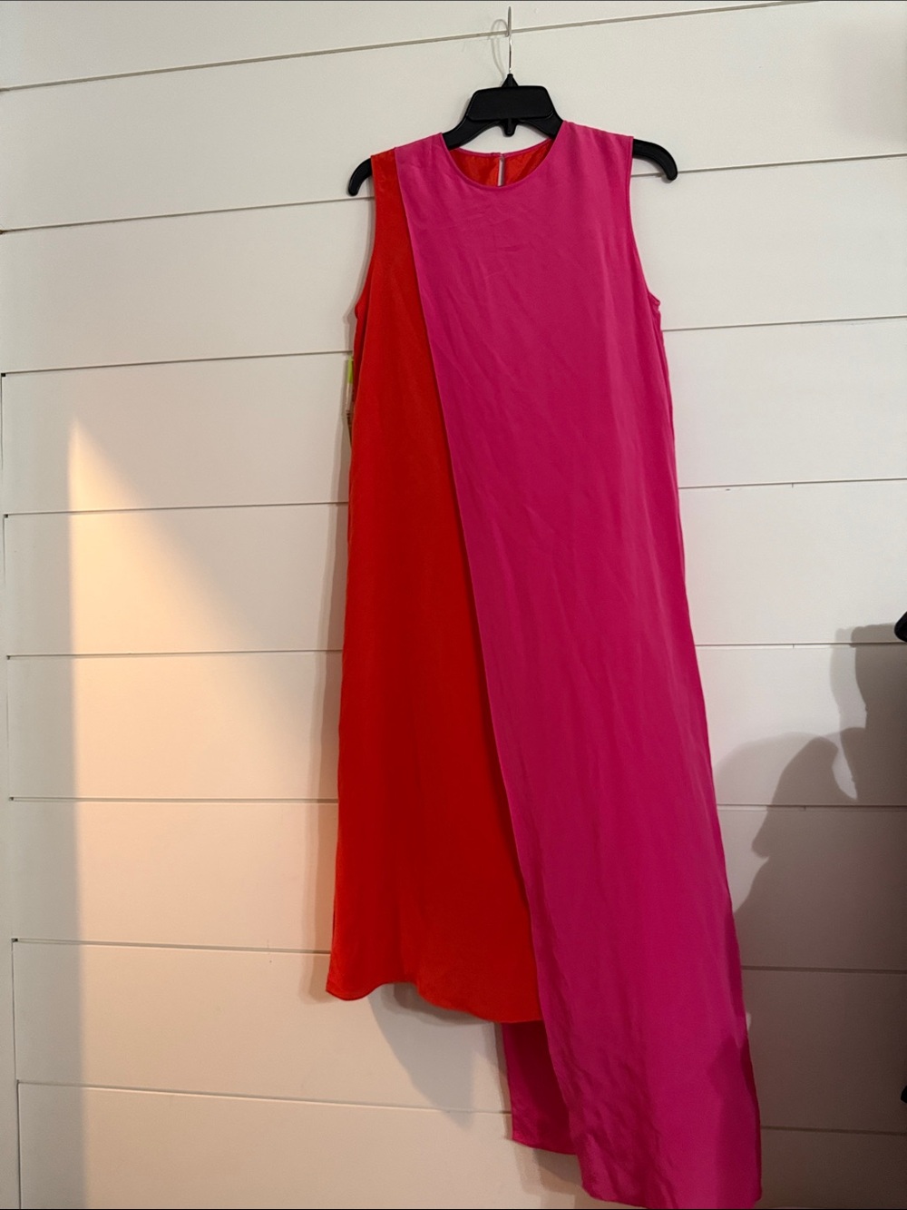 NWT $518 EIGHTEENTH 100% silk colorblock Asymmetric Midi fuchsia poppy dress XS